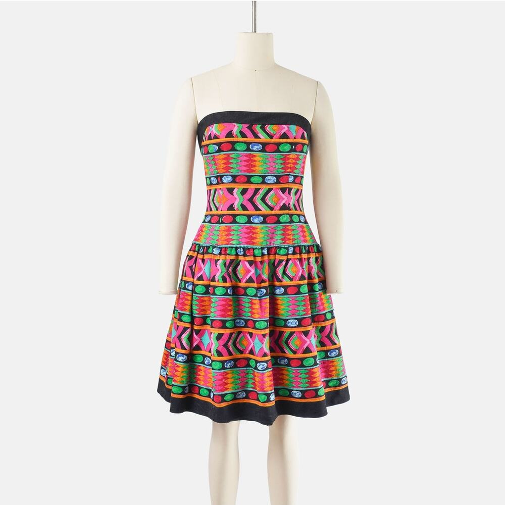 Vintage AJ Bari Geometric Striped Cotton Strapless Drop Waist Party Dress S